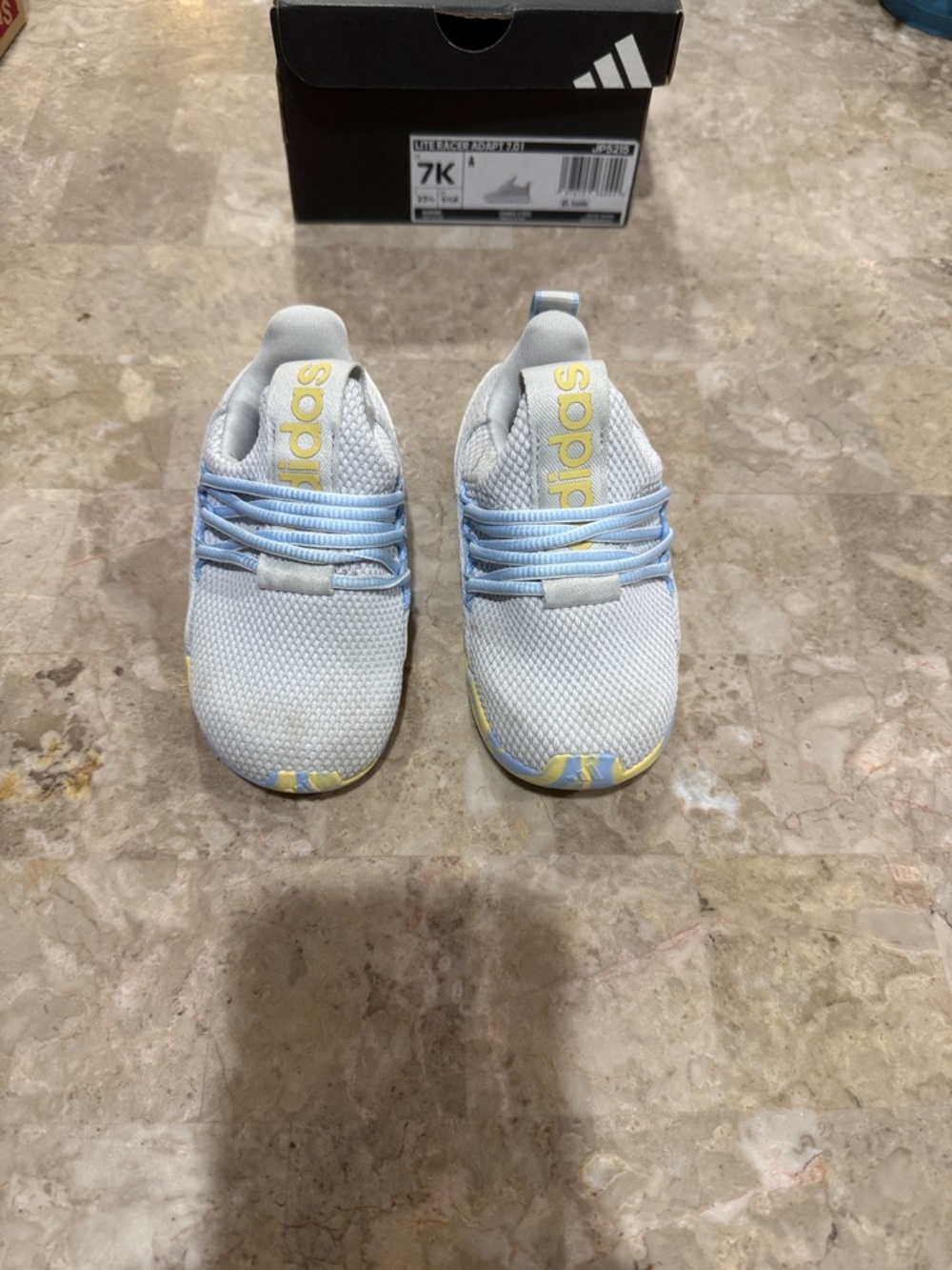 adidas Kids White & Light Blue Slip-On Sneakers with Yellow Accents
